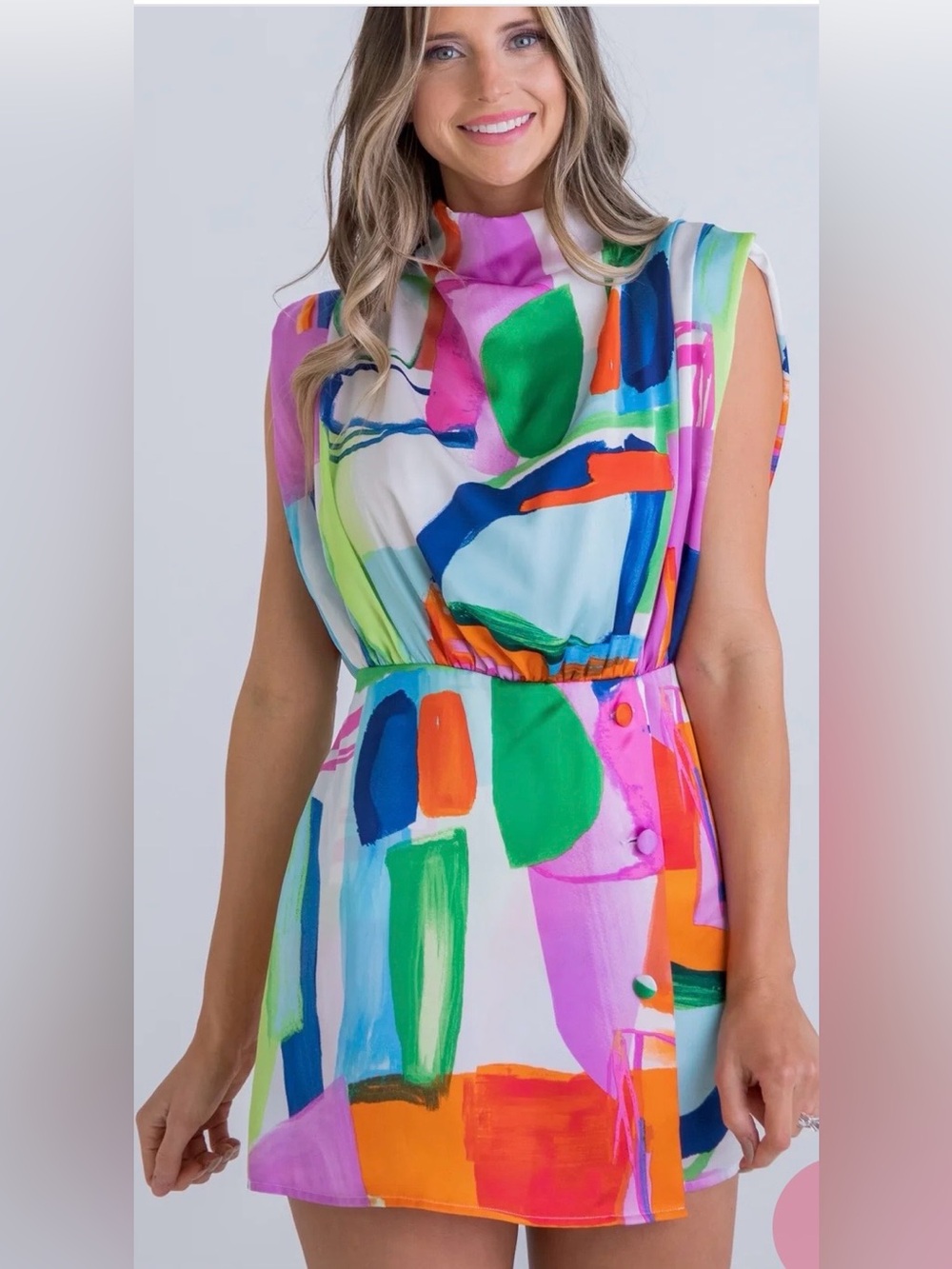 Karlie Abstract Satin Romper NWT Size Small Colorful Print Mock Neck Boutique
